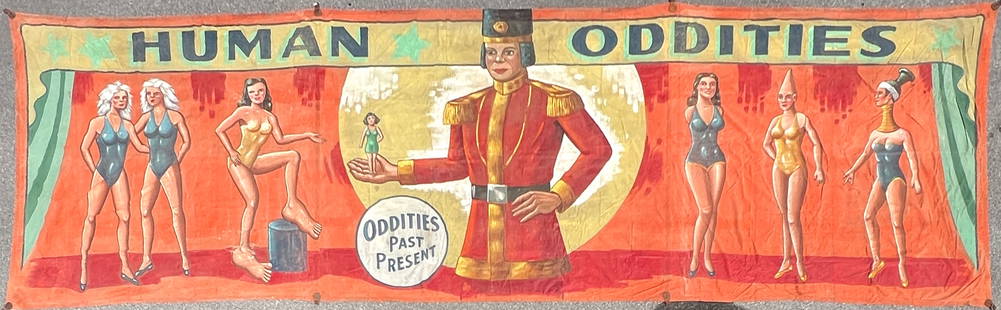 34' Sideshow Banner - Human Oddities - Snap Wyatt: Original, authentic circus, carnival, sideshow banner. A large example, 34 feet in length, featuring women of the sideshow including: Albino Sister, Big-Footed Woman, Lilliputian, Giantess, Armless Wo