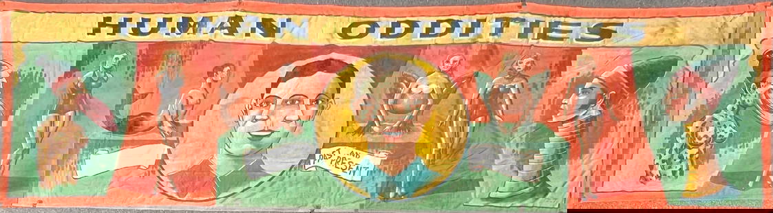 33' Sideshow Banner - Human Oddities - Snap Wyatt: Original, authentic circus, carnival, sideshow banner. A large example, 33 feet in length, featuring Human Oddities - Past and Present including: Ubangi Savage, Armless Wonder, Fiji Merman, William Du
