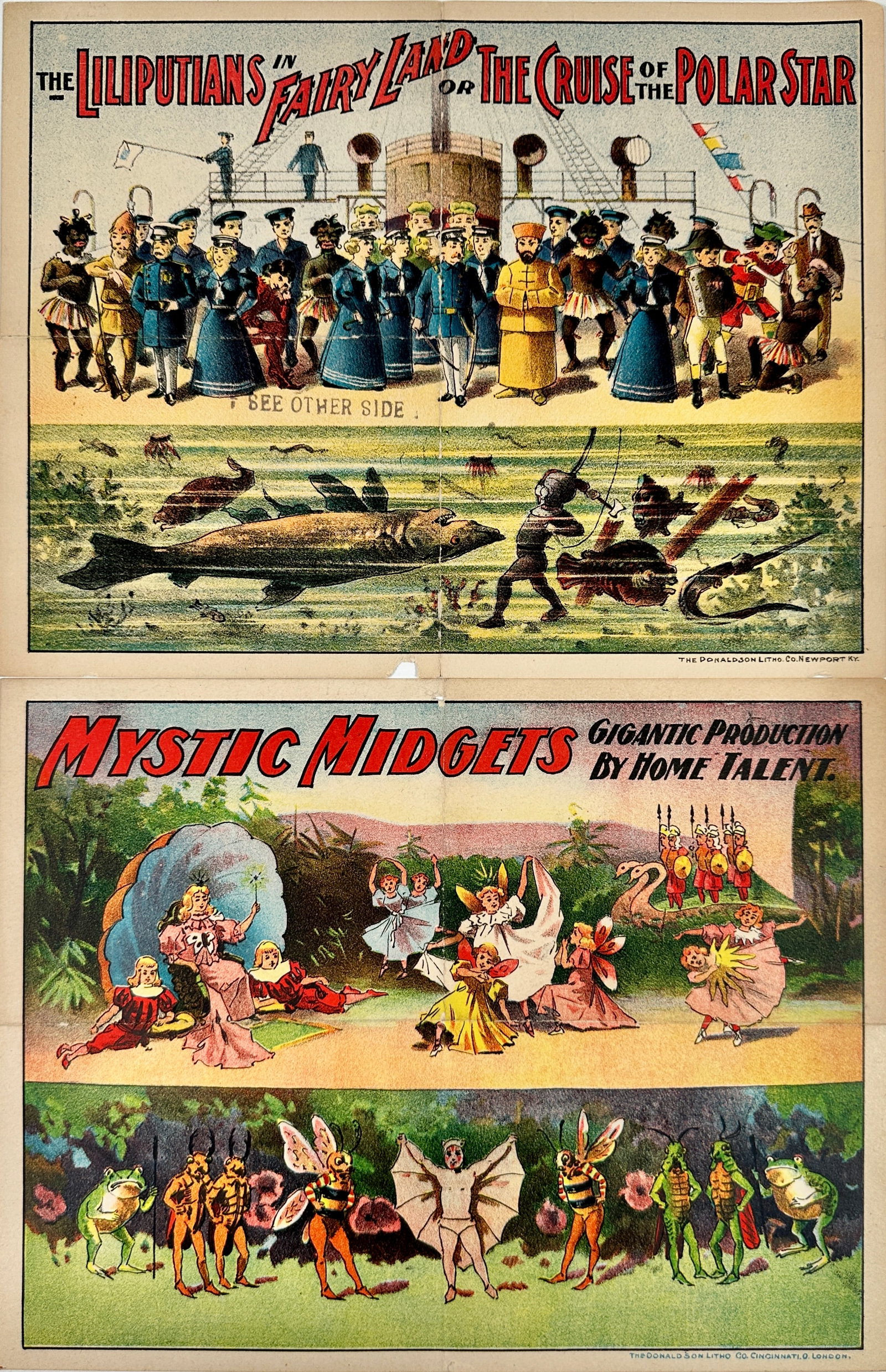 Lilliputians in Fairyland - Mystic Midgets Lithographs: Pair of Donaldson Litho panels: Mystic Midgets Gigantic Production by Home Talent and The Lilliputian in Fairyland or the Cruise of the Polar Star. The latter having printed headlines from the press. 