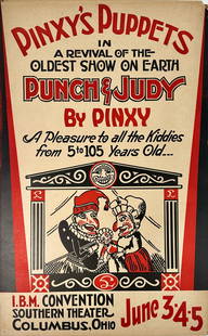 Pinxy's Puppets - Punch and Judy by Pinxy Poster: Punch and Judy by Pinxy attraction poster for the I.B.M. (International Brotherhood of Magicians) Convention - Columbus, OH. Unmounted window card, 14"x22"
