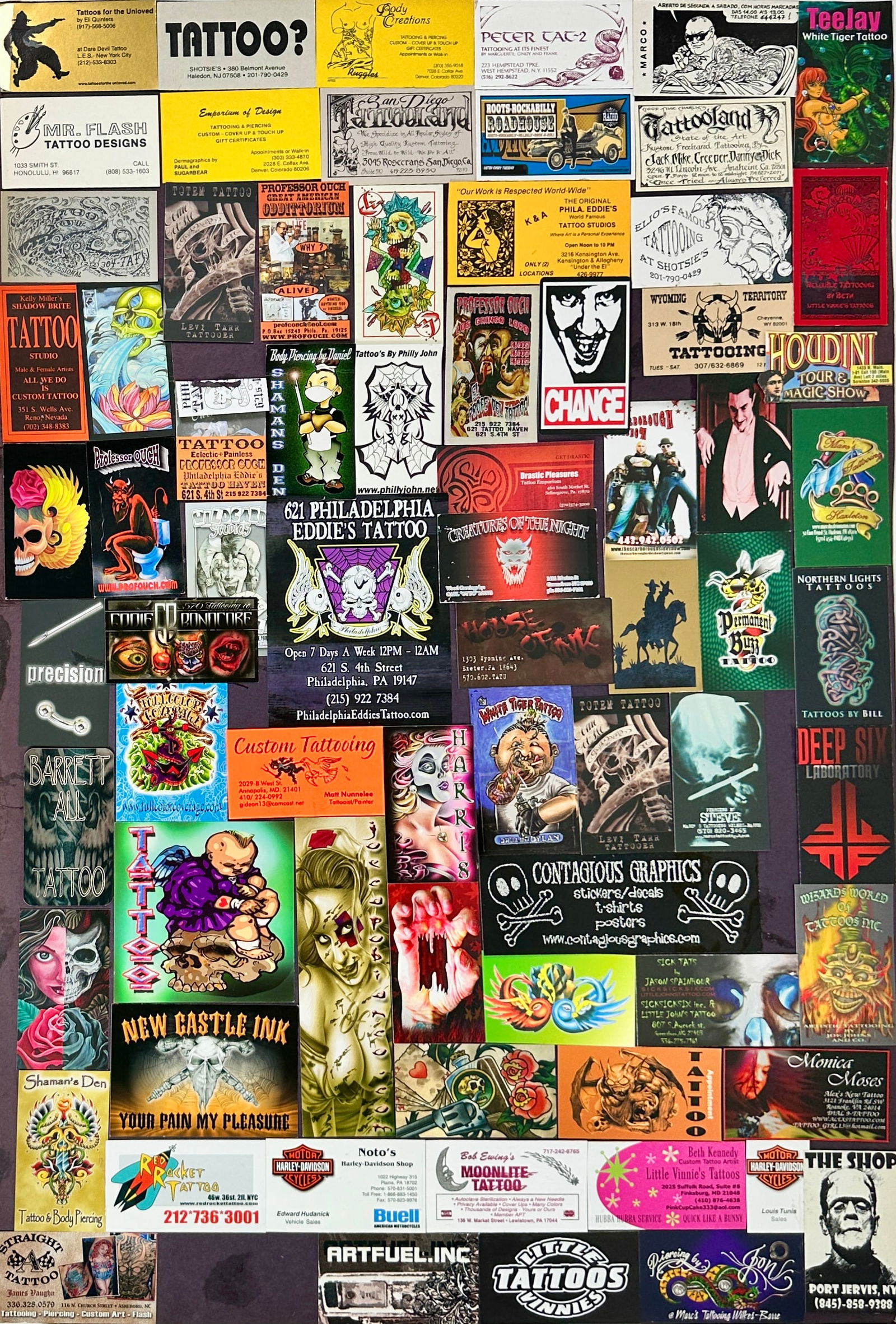 Tattoo - Panel of Tattoo Shop Calling Cards: Business cards mounted on craft paper. 20"x30"