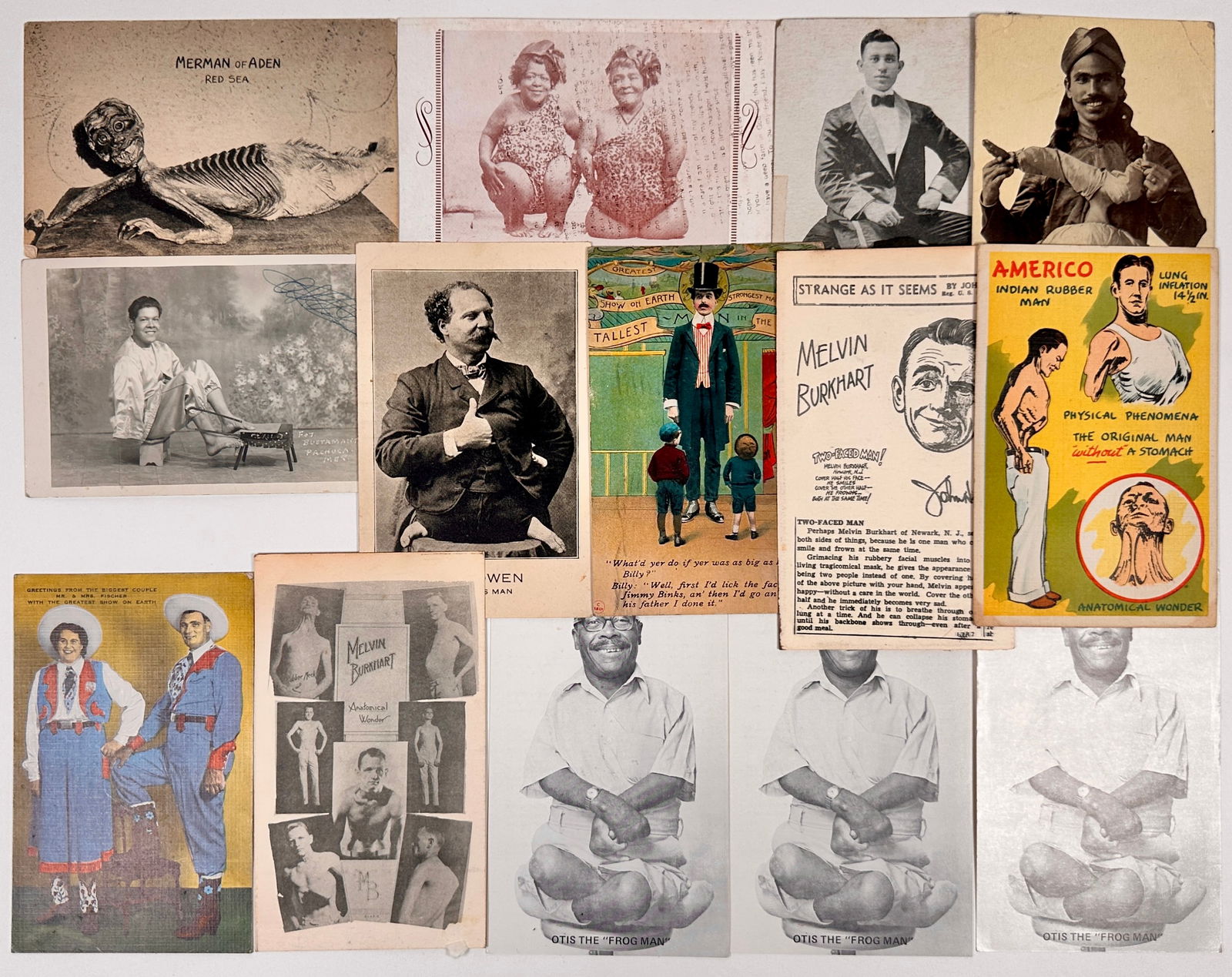 Sideshow and Odditiy Post and Pitch Cards: Combination of postcards and pitch cards, some with scrapbook remnants on verso. Melvin Burkart, Otis the Frogman, Armless Wonders, Eli Bowen, Giants, Parasitic Twins, Americo the Indian Rubber Man, M