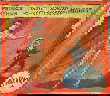 Sideshow Banner - Prince Arthur - Snap Wyatt: Original, authentic circus, carnival, sideshow banner featuring Prince Arthur - World's Smallest - Perfect - Colored Midget - Alive. Prince Arthur (Jesse C. Pearce, American 20th C.) billed as the Wor