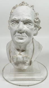 Bust of P.T. Barnum: Beautiful hydrocal cast from original clay sculpture. 8.5" height. Limited to only 50 editions. Produced in the 1970's by circus historian, Larry Kellogg. Robert F. Houston Collection.