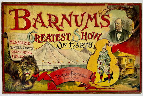 Parker Bros. - Barnum's Greatest Show on Earth: Parker Bros. game box top - Barnum's Greatest Show on Earth, 1894. Box top only. 14"x21"