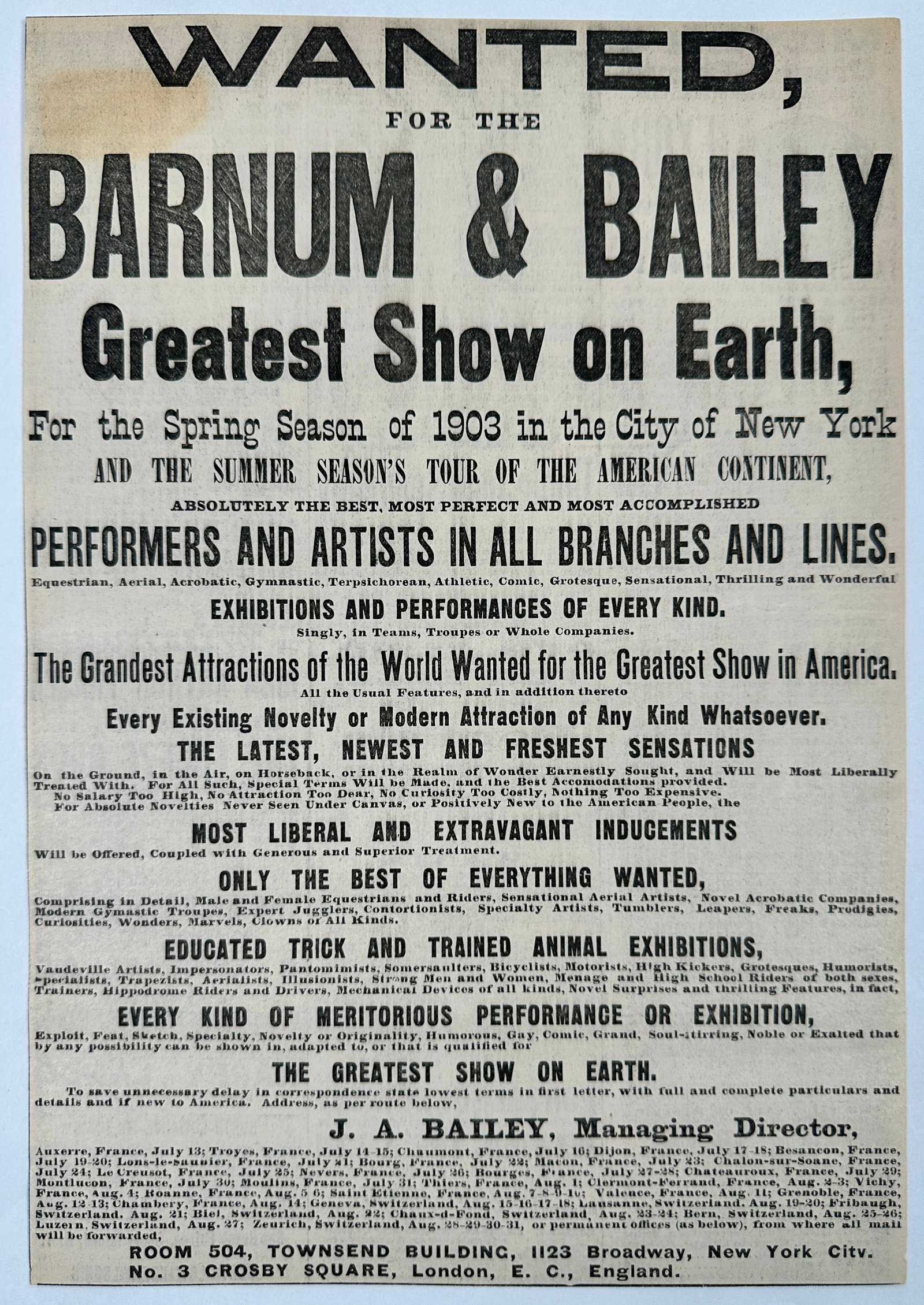 Barnum & Bailey Employment Advertising: Wanted, for the Barnum & Bailey Greatest Show on Earth - For the Spring Season of 1903 in the City of New York. Employment listing as advertised in the newspaper of 1903 seeking performers and artists