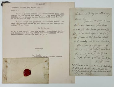 P.T. Barnum Original Letter - Signed P.T.B.
