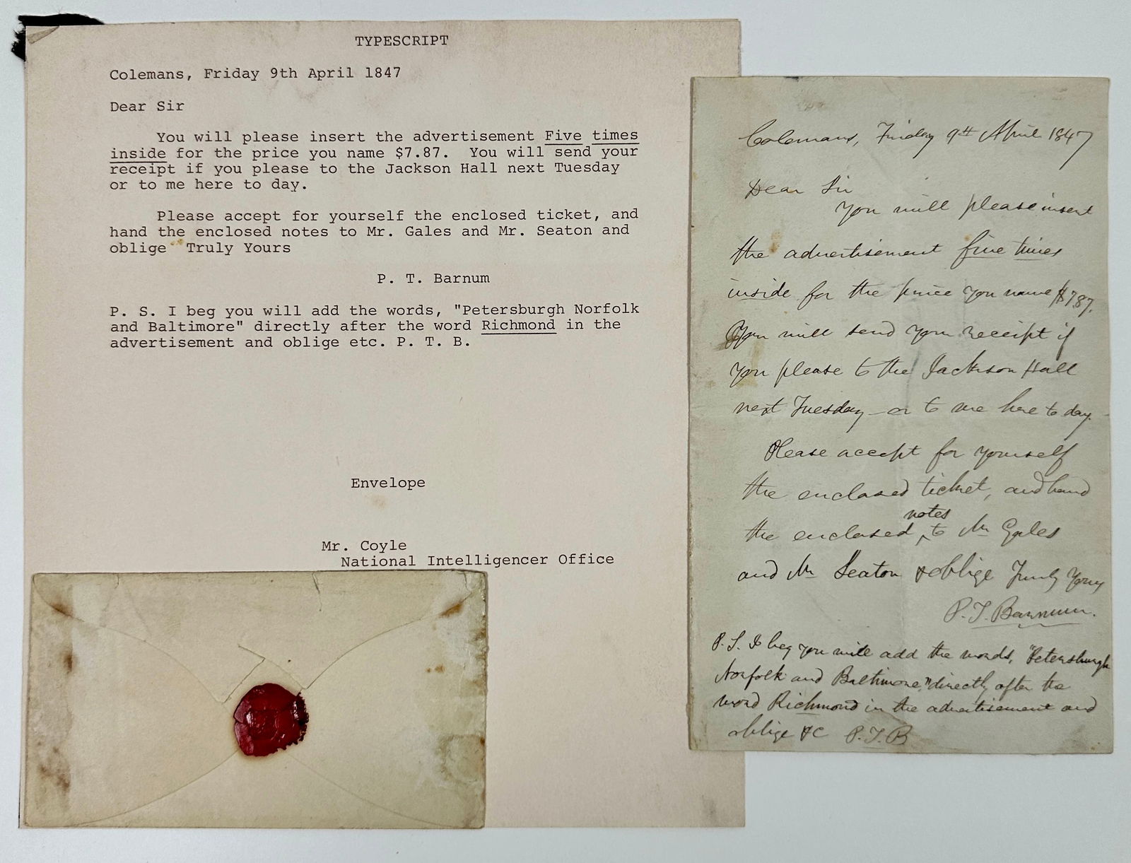 P.T. Barnum Original Letter - Signed P.T.B. (1 of 5)