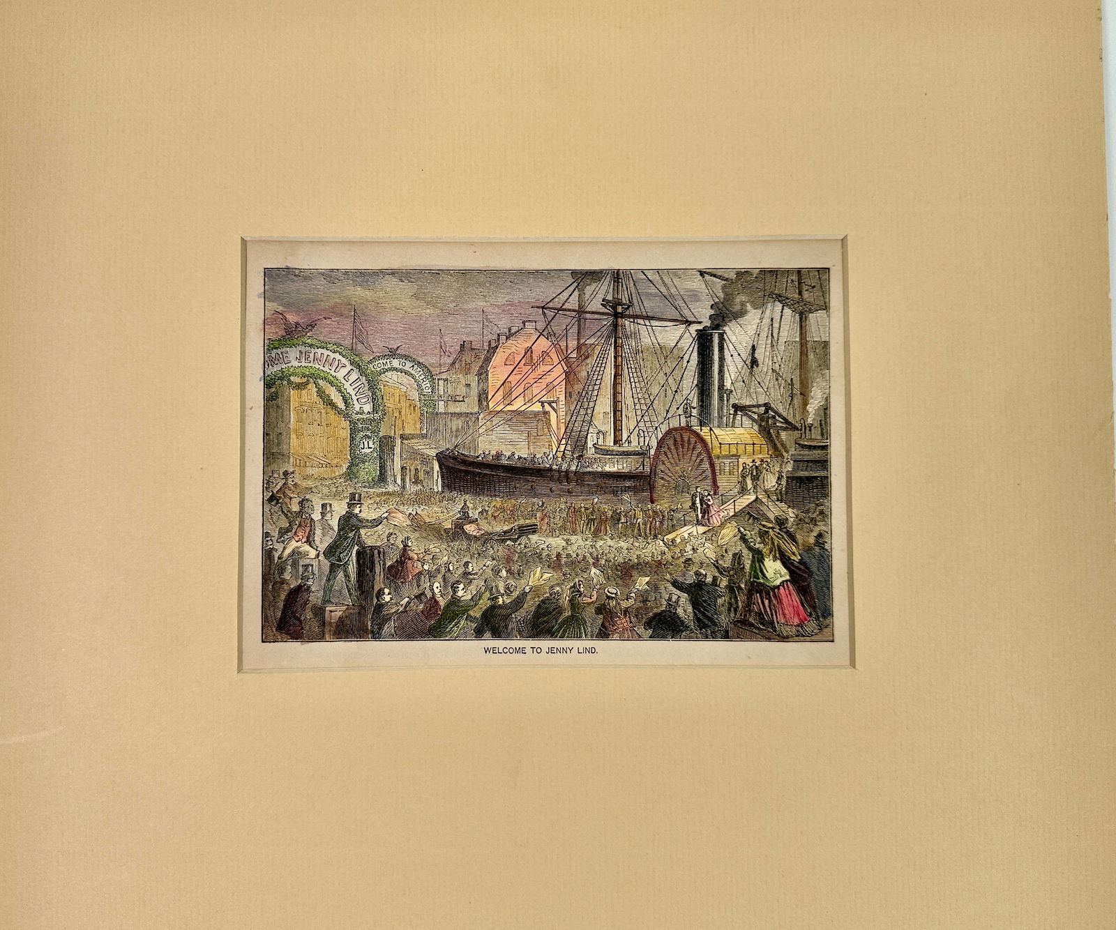 Welcome to Jenny Lind Engraving: Hand-colored wood engraving, Welcome to Jenny Lind, 1875. Image 4.5"x6.5", mounting 10"x12"