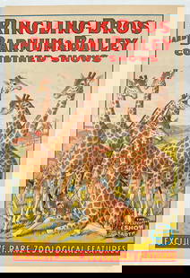 Ringling Bros. Barnum Bailey Circus Poster: Authentic, original RBBB Circus - Exclusive, Rare, Zoological Features - 8 Giraffes. One sheet, Strobridge Litho, 1925. Professionally conserved on linen, a super example. 28"x42"