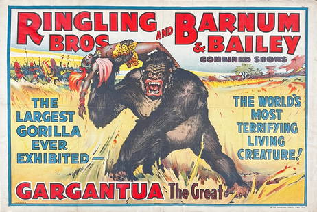 Ringling Bros. Barnum Bailey Circus Poster: Authentic, original, RBBB Circus - Gargantua - The largest gorilla ever exhibited - The world's most terrifying living creature. One sheet, Strobridge Litho, 1938. Old thin linen mounting, minor edge