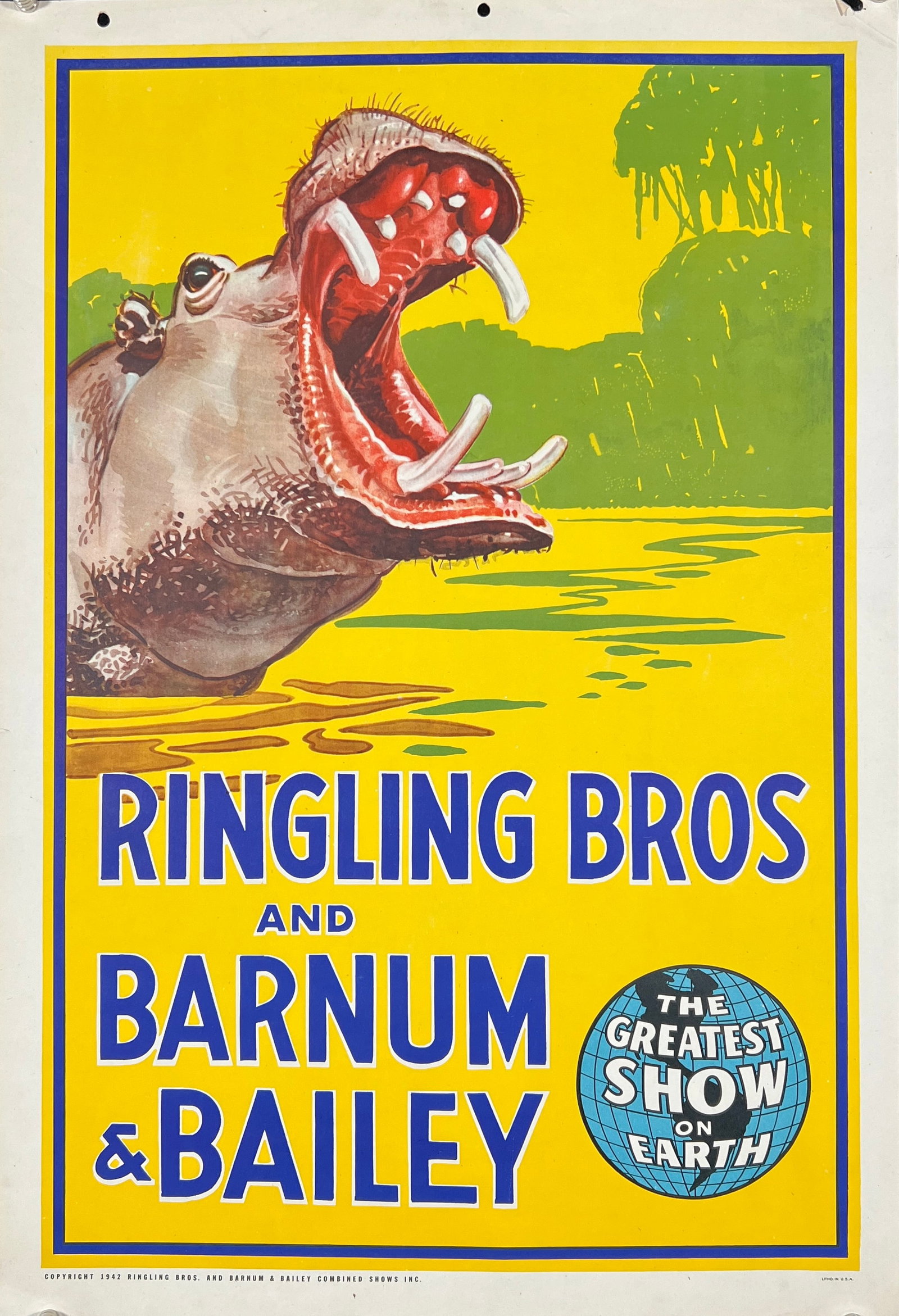 Ringling Bros. Barnum Bailey Circus Poster: Authentic, original, RBBB Circus - Hippo at the water. Half sheet, McCandlish Litho, 1942. Unmounted, minor edge wear. 21"x28"