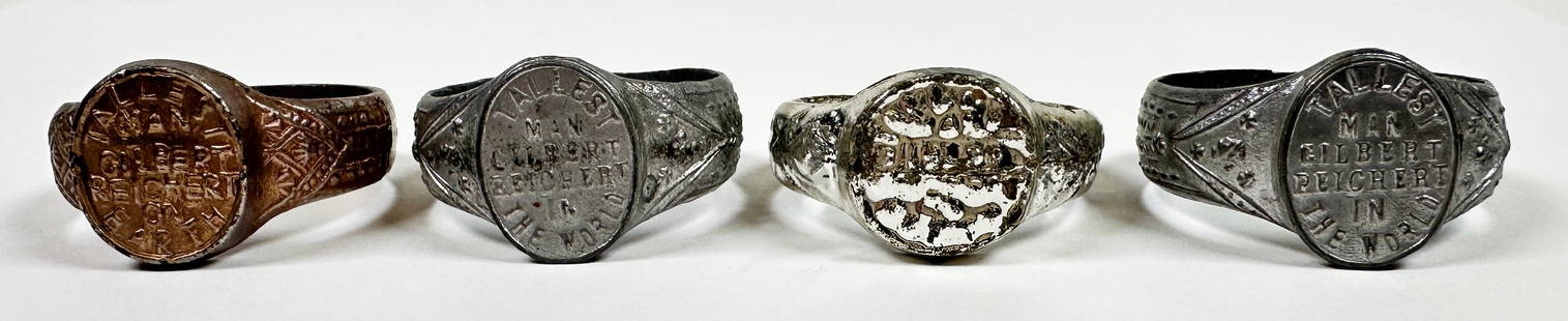 Gilbert Reichert Sideshow Giant Rings: Gilbert Reichert (1913-1961) sideshow giant metal souvenir rings. Robert F. Houston's Philadelphia Miniature Museum of the Circus claimed to house the world's largest collection of sideshow giant souv