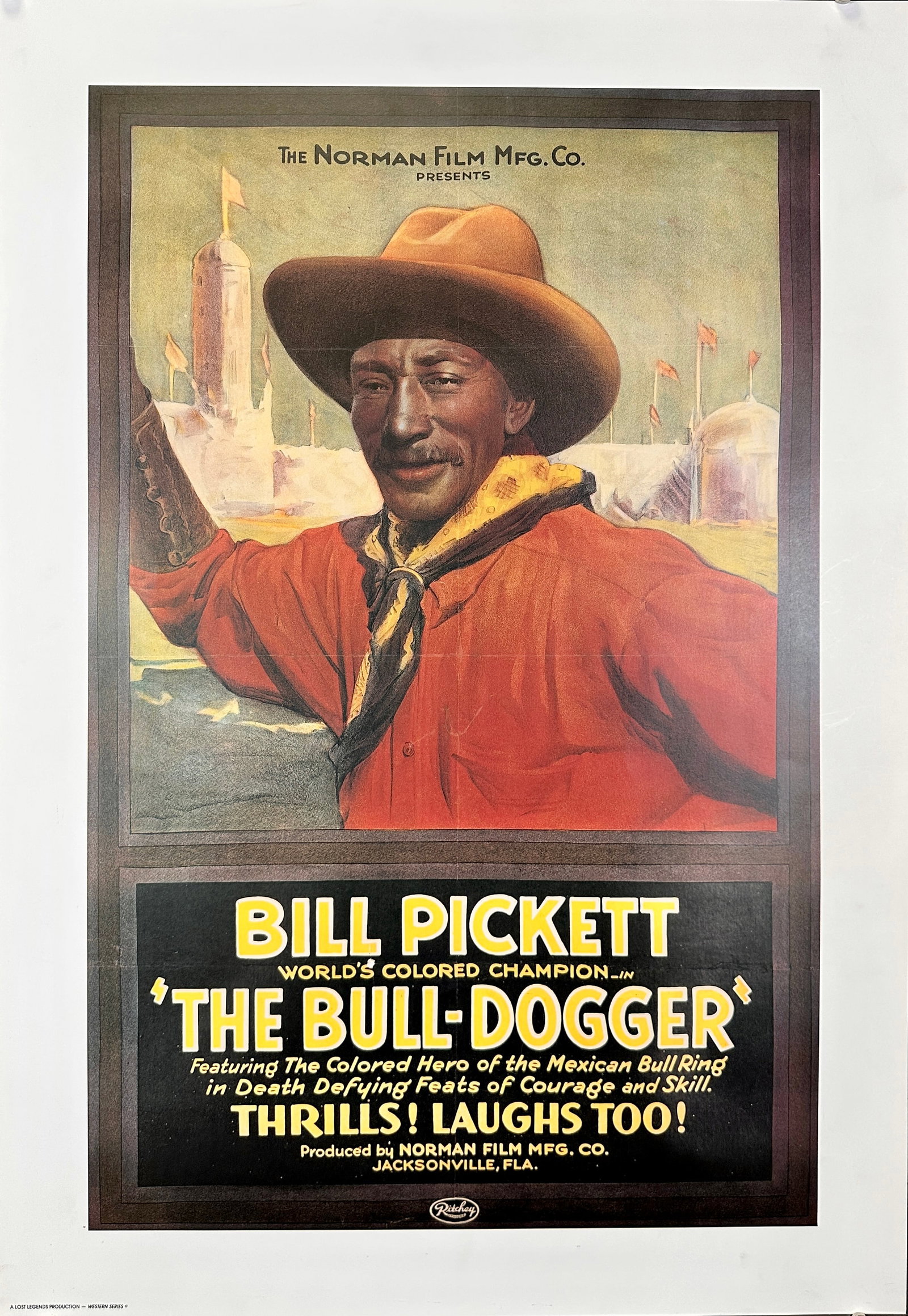 Bill Pickett - The Bull-Dogger Restrike Poster: Contemporary restrike of motion picture poster for the film, The Bull-Dogger, 1921. The film featured African American, Bill Pickett, who was credited for inventing bulldogging, also known as steer wr