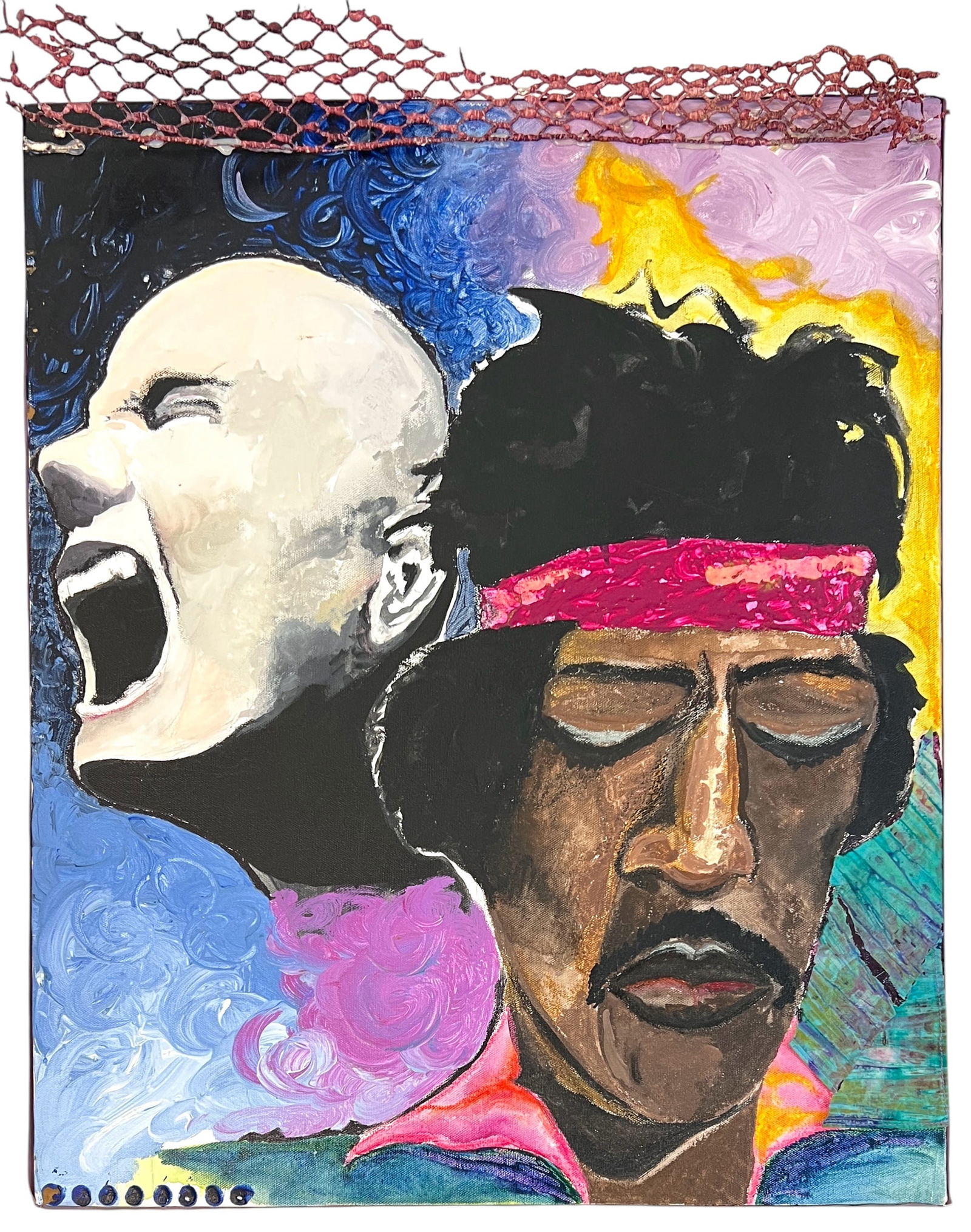 Mixed Media Painting: Jimi Hendrix and Billy Corgan depictions, mixed media. 20"x26". This item requires third party shipping.