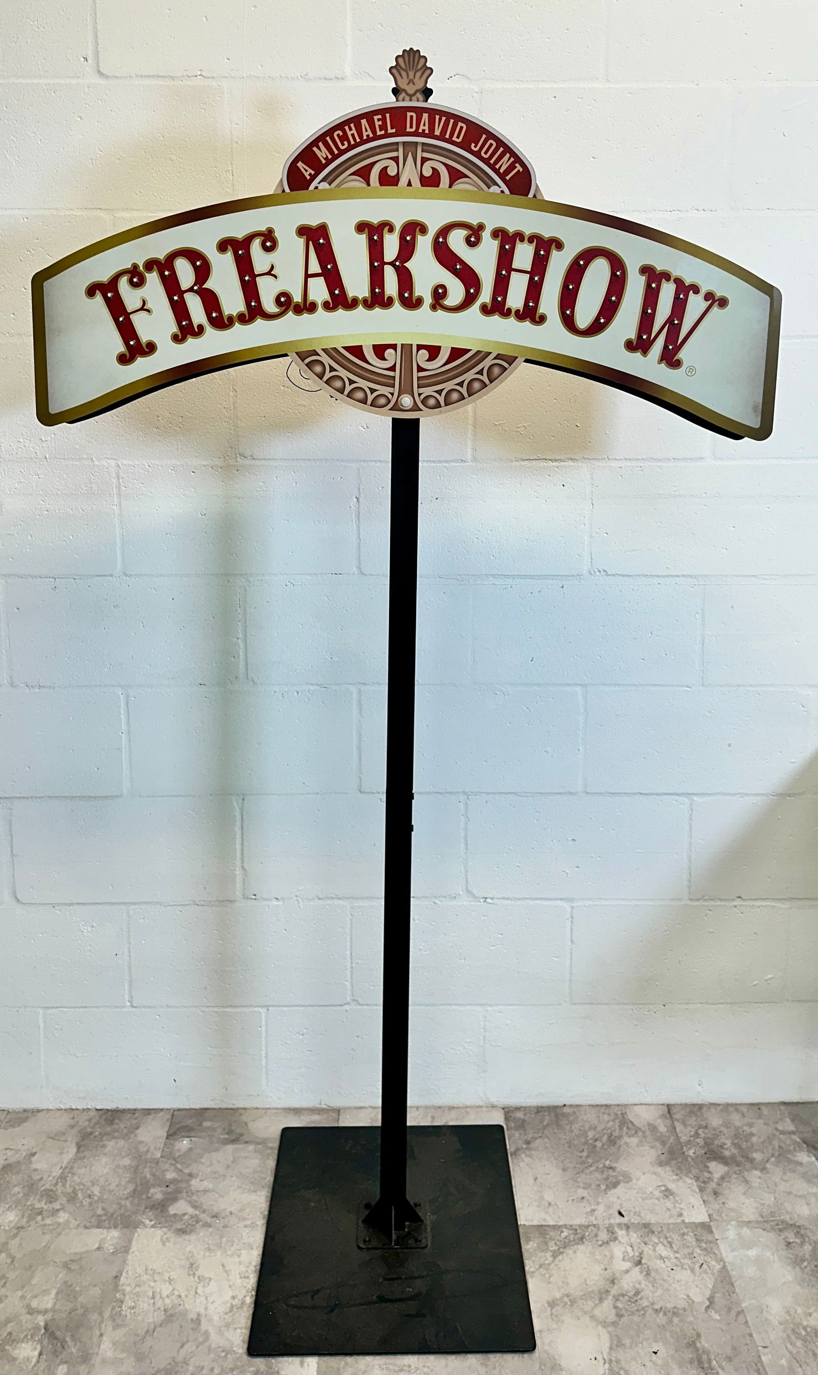 Freakshow Trade Sign: Freakshow - A Michael David Joint trade sign - wine. Logo with LED lighting powered by D-batteries. 68"H