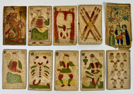 Antique Tarot Cards: Collection of 1800's Tarot Cards. Hand-tinted. Wear associated with age and use.