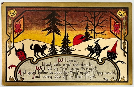 Halloween - Witches, Black Cats Red Devils Postcard
