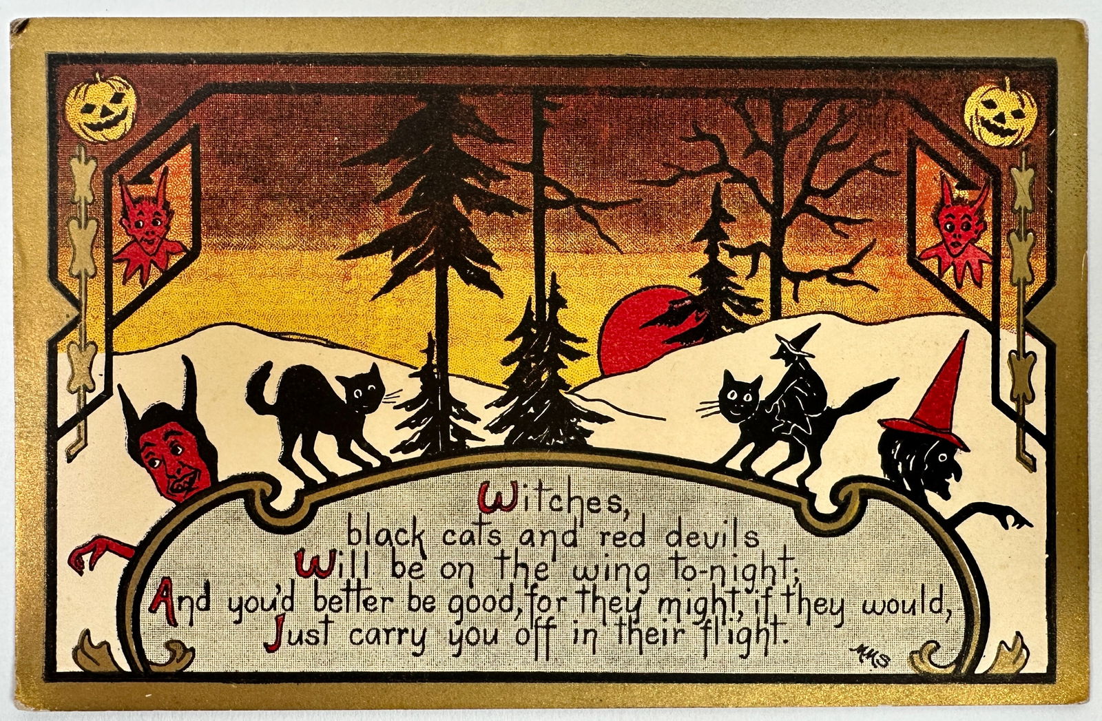 Halloween - Witches, Black Cats Red Devils Postcard (1 of 2)