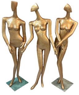 Grouping of Mannequins: Three modern stylized mannequins. Full, lifesize. One without stand.