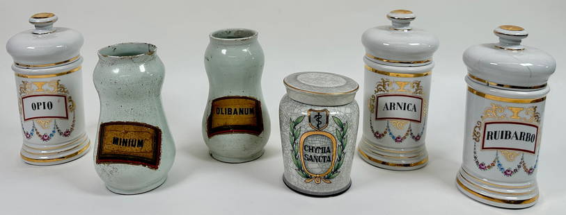 Antique Apothecary Pharmacy Jars: Cmymia Sancta (lid), Olibanum, Minium, Opio, Ruibarbo, Arnica. Gilt examples with lids. This item requires third party shipping.