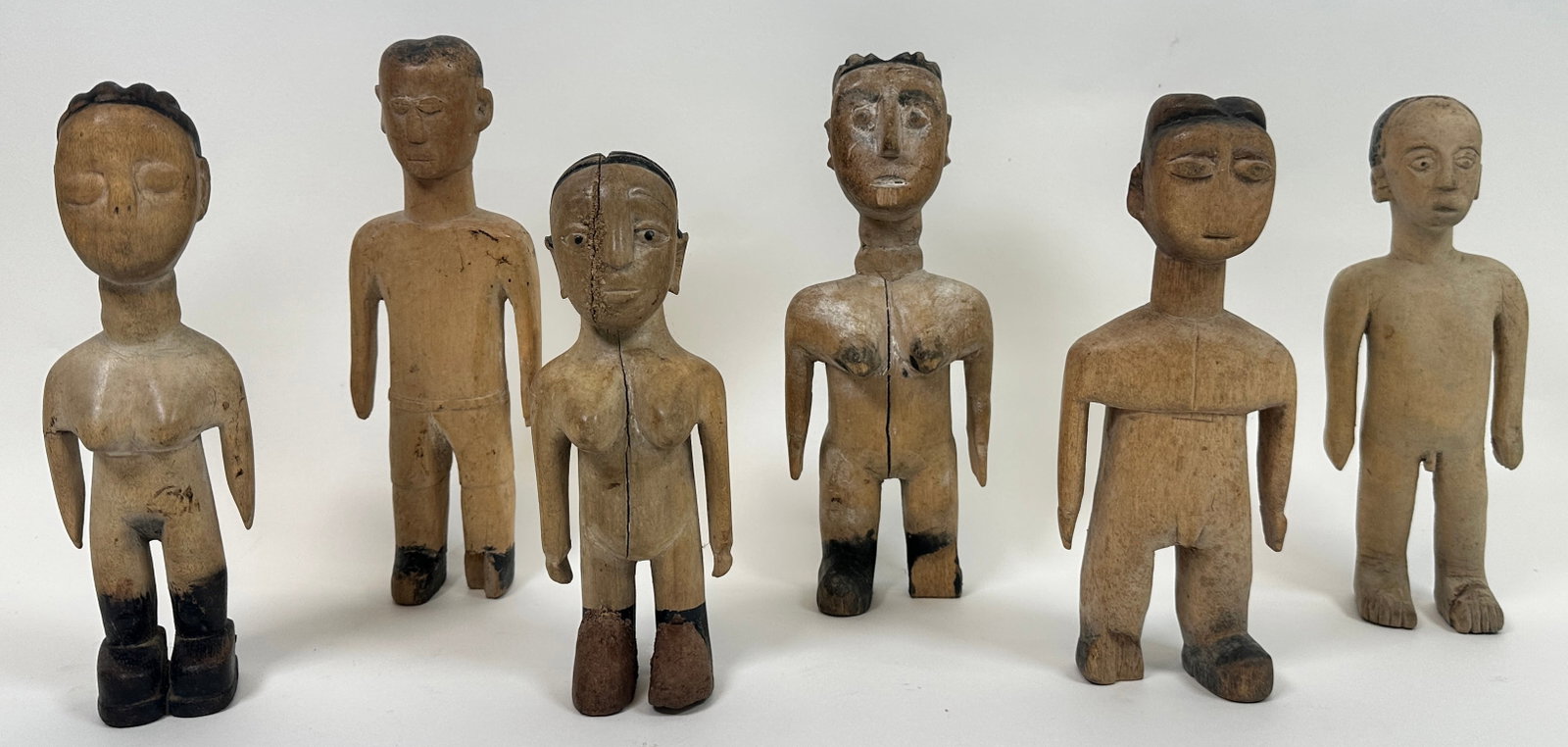 African Mythical Spirit Dolls: Grouping of ethic carved dolls, few with loss, splitting. 7-9"