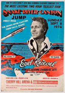 Daredevil - Evel Knievel - Snake-River Canyon: Poster advertising Evel Knievel's Snake River Canyon jump on closed circuit TV, Sept. 8, 1974. Window card, unmounted, 14"x22"