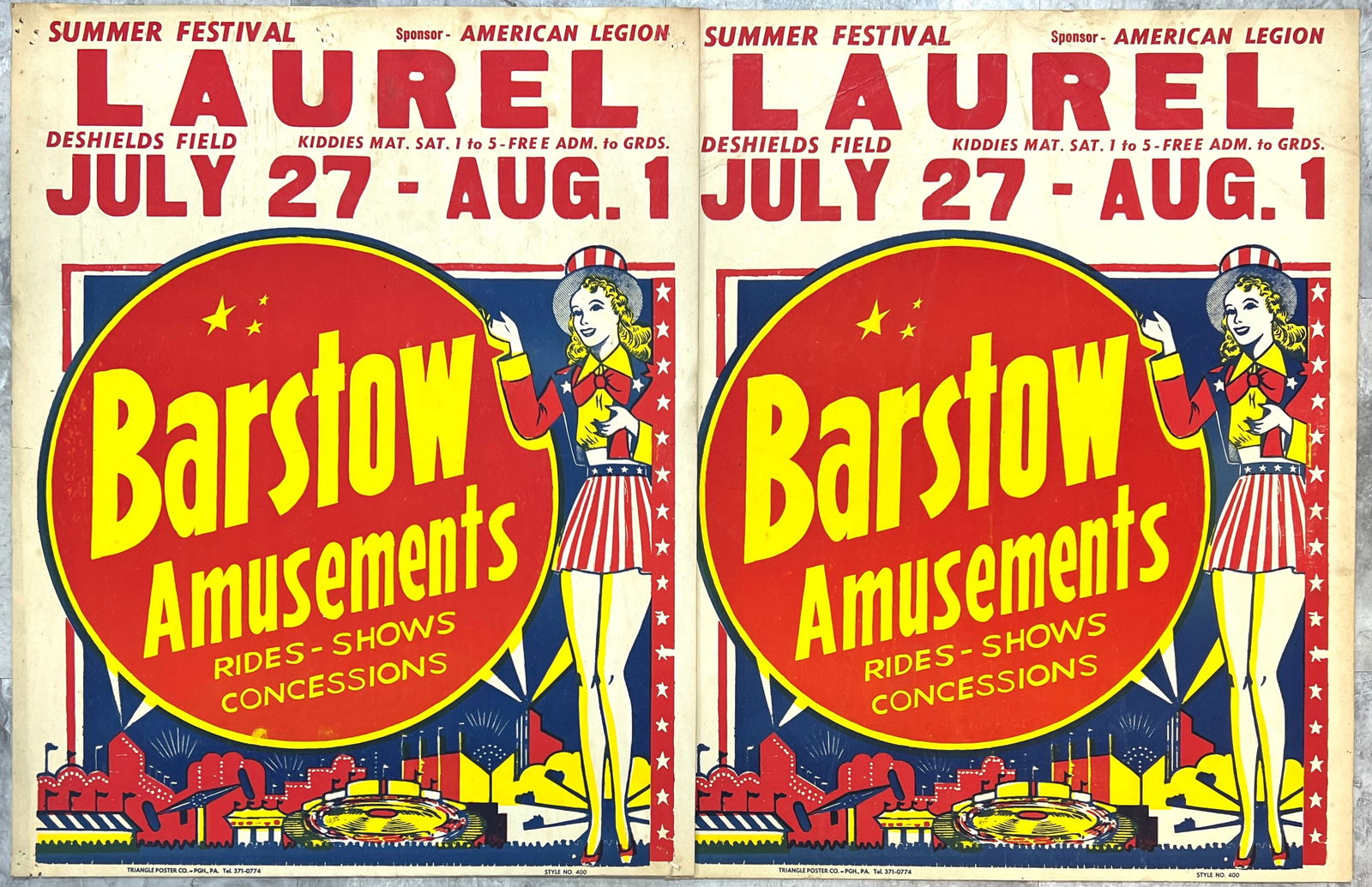 Barstow Amusements Carnival Posters: Pair of window card posters for Bartow Amusements, window card stock, evidence of posting, 21"x28"