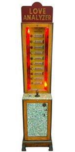 Love Analyzer - Coin Op: Coin operated Love Tester/Analyzer. Test your love reaction: Sizzling, Fiery, Passionate, Soulful, Lovable, Sexless, Sloppy, Careless, Icy, Numb. Working condition. 88"H. This item requires third part