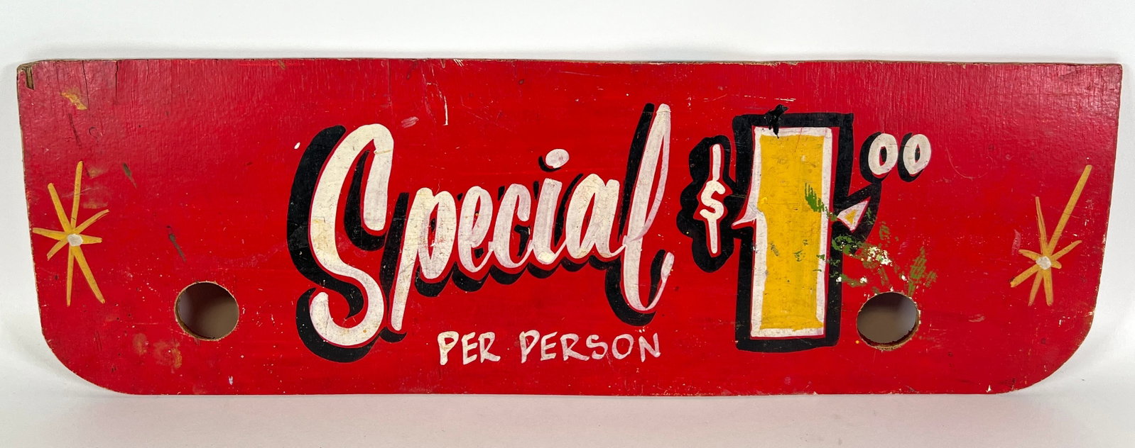 Jim Hand Carnival Sign: Hand-painted wooden carnival sign - Special $1 per person. 8"x24". Jim Hand was a 20th Century showman, sign painter and illustrator.