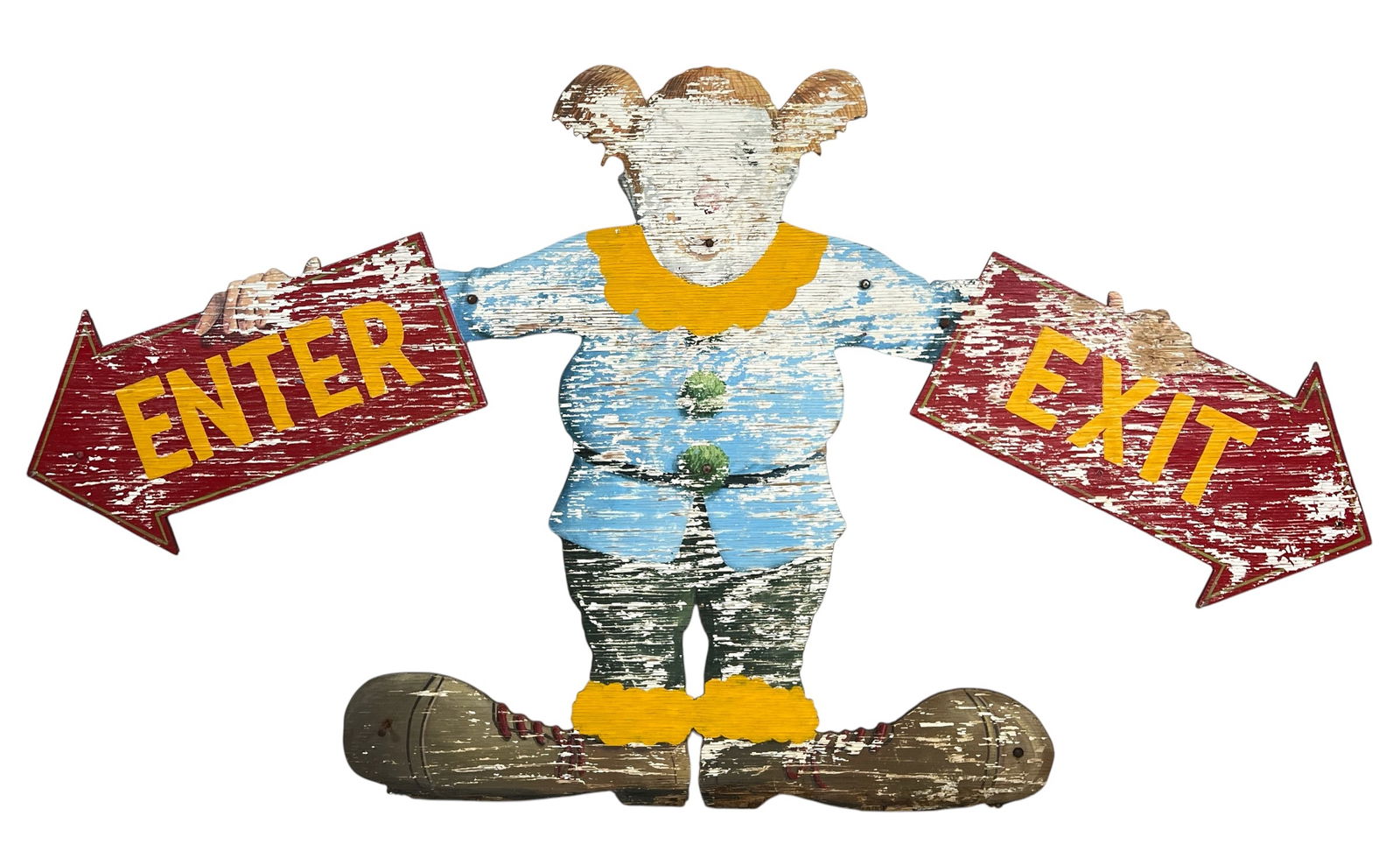 Carnival Midway Sign: Old hand painted wooden sign showing enter and exit. Paint loss, environmental exposure. 48"H, 80"W. Hall and Christ Collection. This item requires third party shipping.