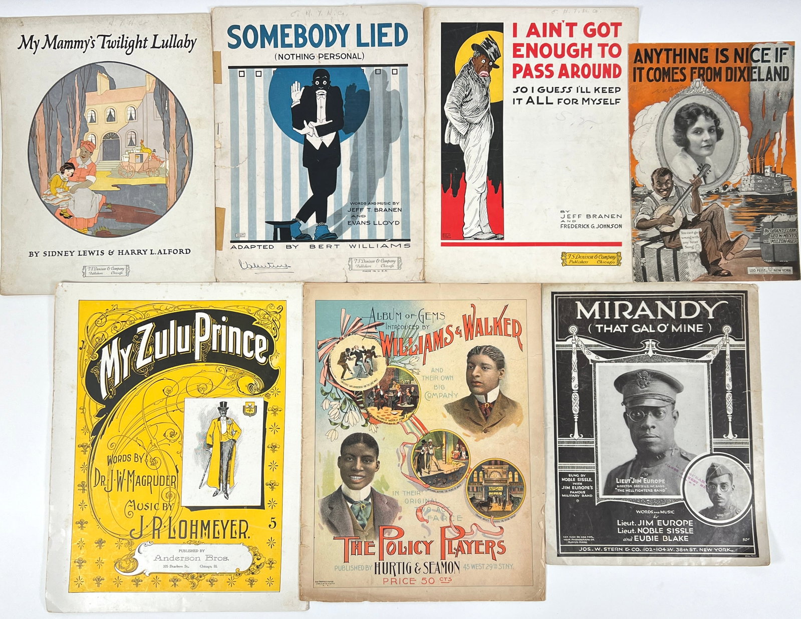 Minstrel Songsters and Sheet Music: African-American/Minstrels - The Album Gems of Williams & Walker - The Policy Players; Mirandy - That Girl of Mine, Lieut Jim Europe; My Zulu Prince - J.R. Lohmeyer; Somebody Lied - Adapted by Bert Wi