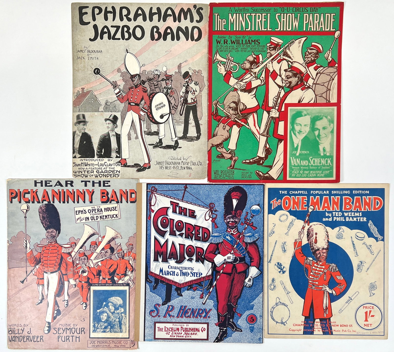 Minstrel Band Songsters, Sheet Music: African-American/Minstrels - The Colored Major - S.R. Henry; The One Man Band - Weems/Baxter; Picaninny Band - Vanderveer/Furth; Ephraham's Jazbo Band - White/Clayton; The Minstrel Show Parade - W.R. 