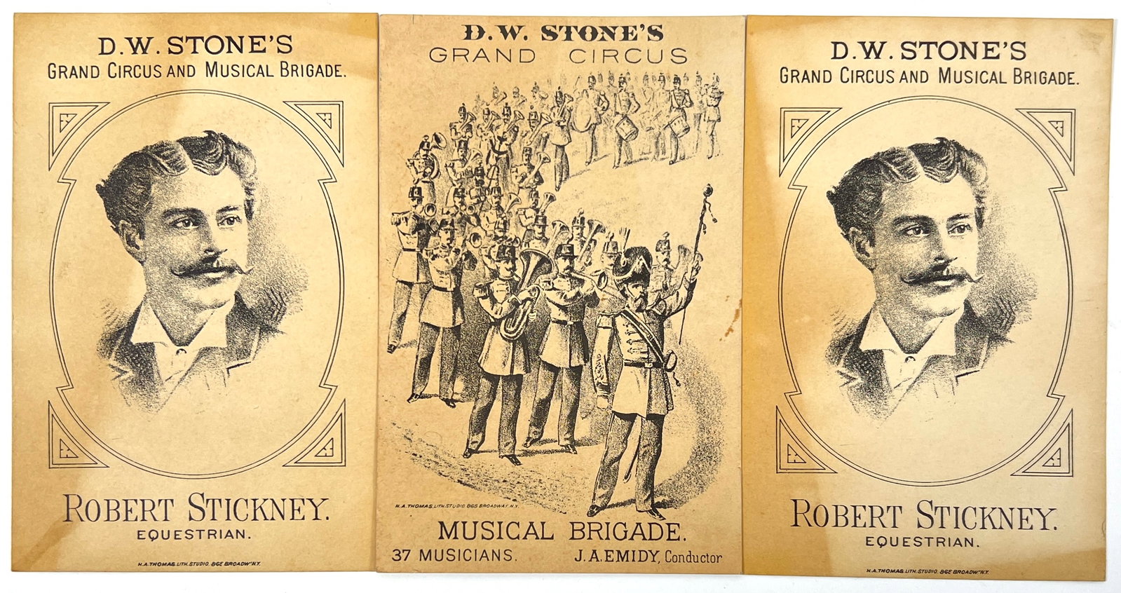 D.W. Stone's Grand Circus Handbills: Trio of D.W. Stone's Grand Circus and Musical Brigade Handbills, 1878. Two sided handbills with pictorial obverse, billing reverse. H.A. Thomas, printer. Toning. 4"x6.5"
