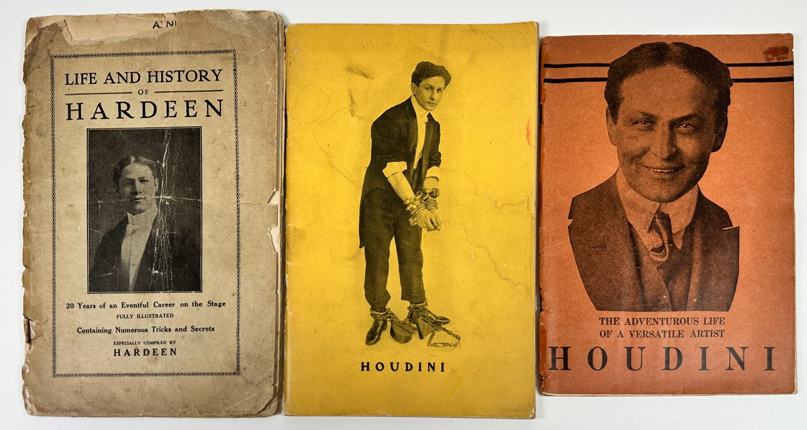 Houdini and Hardeen Books: Harry Houdini (Ehrich Weisz, 1874-1926), The Adventurous Life of a Versatile Artist, 1906 orignal and a copy 1922 revised edition, both in very good condition. Life and History of Hardeen, 1930 with c