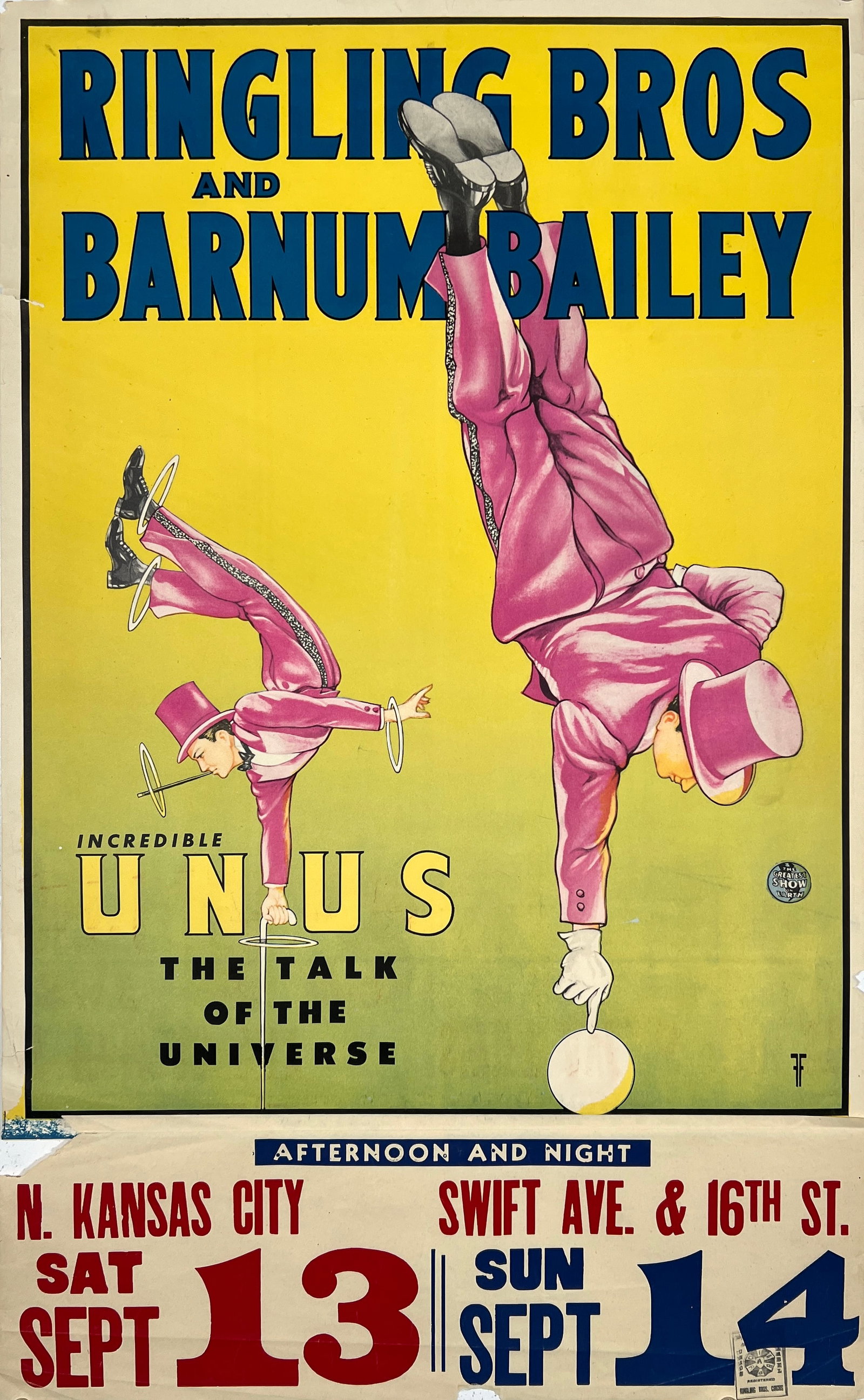 Ringling Bros. Barnum Bailey Circus Poster: Authentic, original, RBBB Circus featuring Unus - The Talk of the Universe. Half sheet with date tail, 1950. Unmounted, minor edgewear. 21"x28"