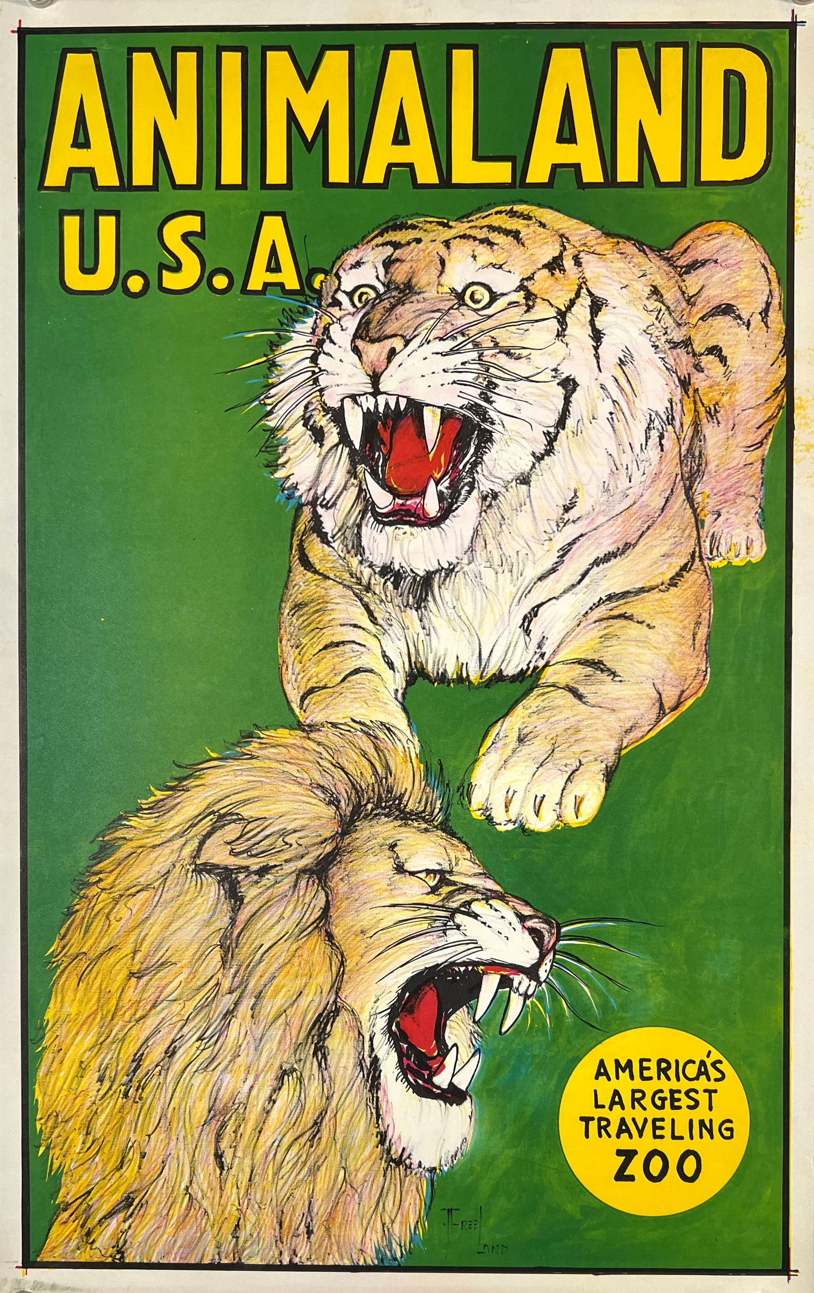 Animaland U.S.A. Poster: Authentic, original, Animaland U.S.A. - America's Largest Traveling Zoo. Window poster, Forrest Freeland design, 1960's. Unmounted. 14"x22"