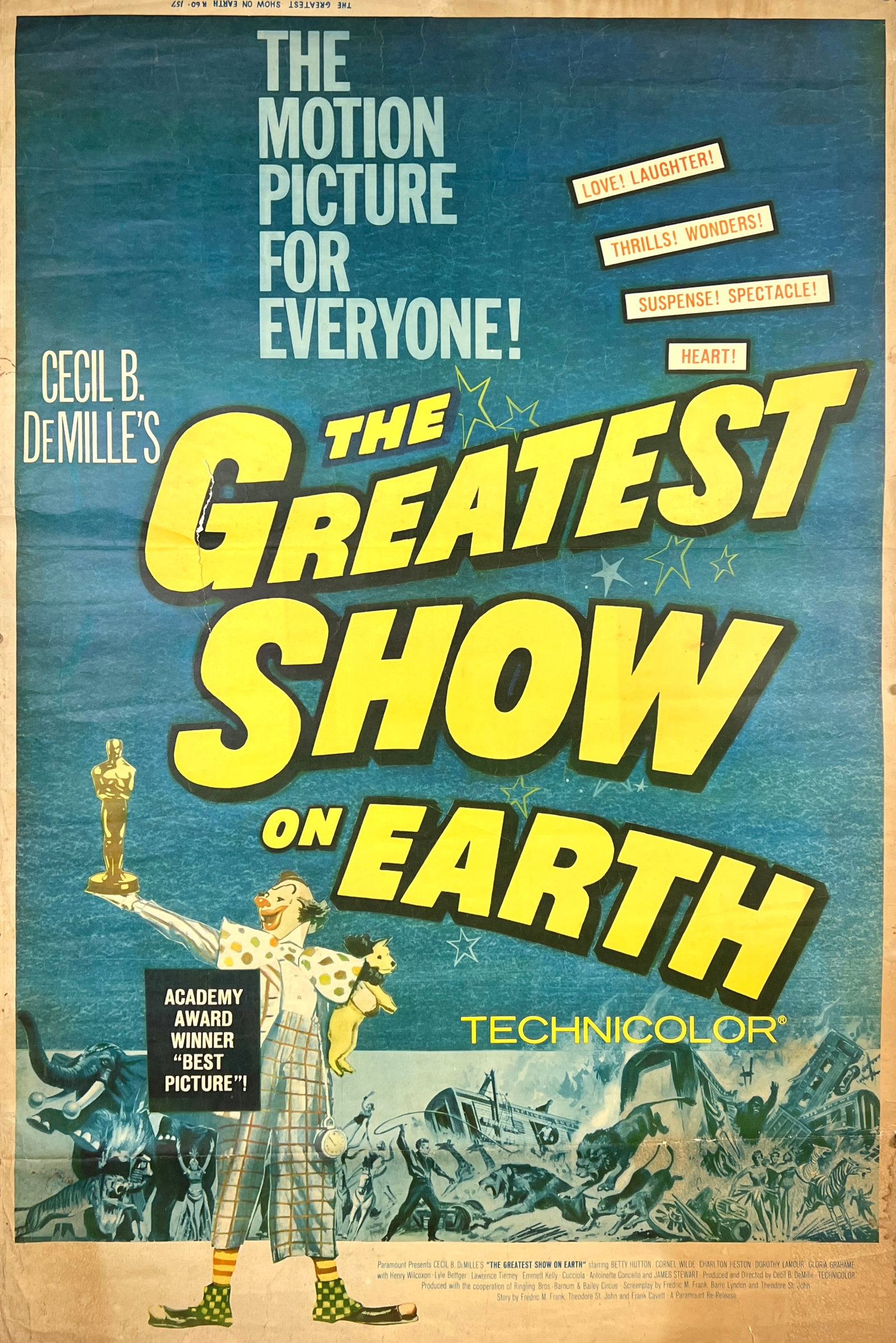 The Greatest Show on Earth Poster: Original poster for the 1960 re-release of Cecil B. Demille's motion picture, The Greatest Show on Earth. Two sheet, unmounted, toning, small section of tape on verso. 40"x60"