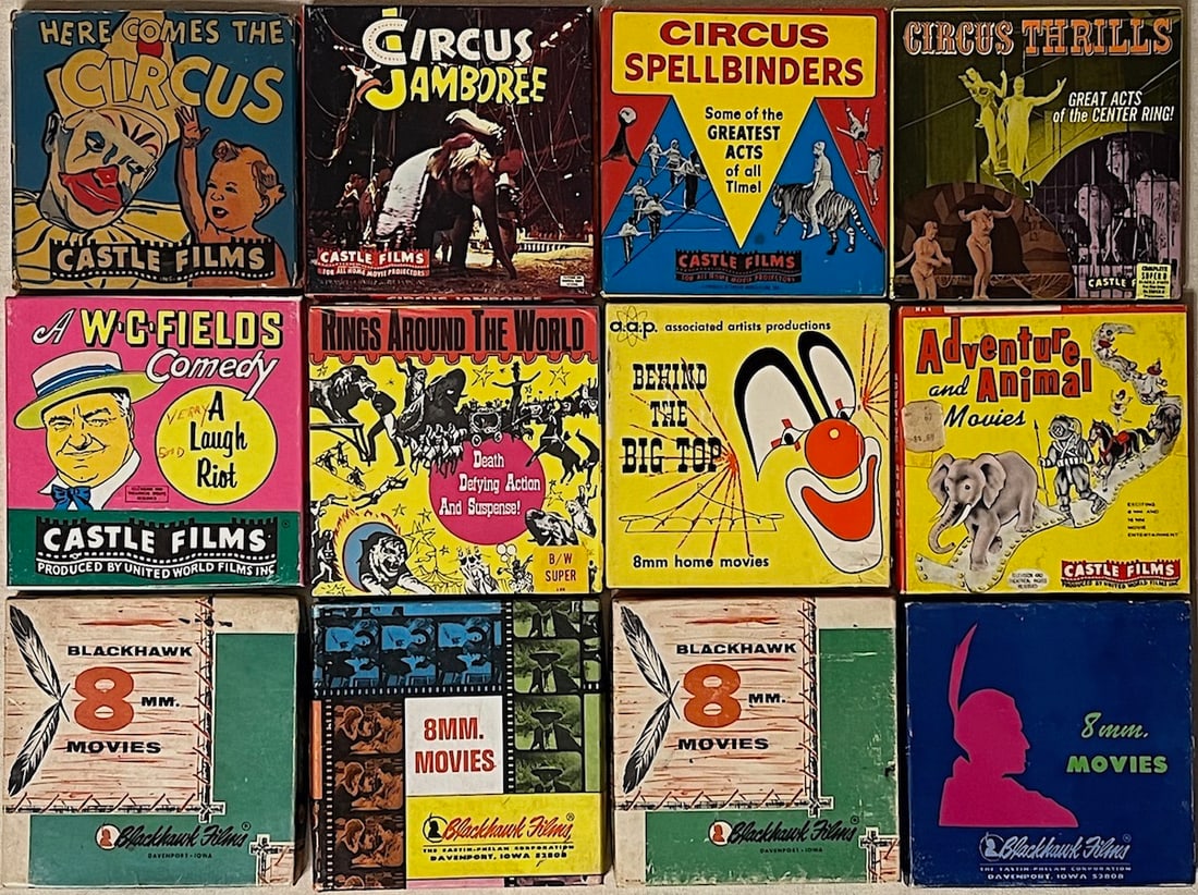 8mm CIRCUS HOME MOVIES IN ORIGINAL PACKAGING: Circa 1930’s - 1970’s. Fifteen (count ‘em, 15!) regular and super-8mm reels of movie footage, all in their original packaging as commercially issued by Castle Films, Blackhawk, and C