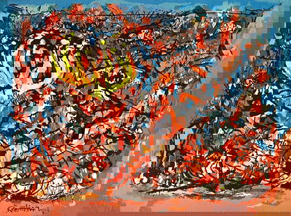 ABRAHAM RATTNER TEXTILE: ABRAHAM RATTNER (AMERICAN, 1895-1978) ORIGINAL WORK OF ART, SIGNED RATTNER ON THE LABEL, EDITION #1 OF 8. EXECUTED AT ITCHE MAMBUSH WORKSHOP, EIN HOD ARTISTS VILLAGE, ISRAEL. TITLED: IN MEMORY OF THE