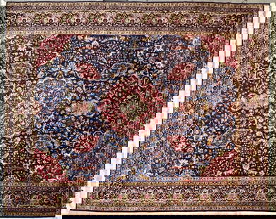PERSIAN MAHAL ROOM SIZE CARPET: LARGE PERSIAN RUG WITH BLUE AND RED FIELDS WITH FLORAL, ANIMAL AND BIRD PATTERNS. WOOLEN. CLEAN. 15'X12'/.