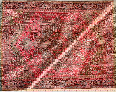 PERSIAN HERIZ AREA CARPET: LARGE PERSIAN RUG IN RED, WHITE AND EARTH TONES. BLACK BORDER. CLEAN. 10'7"X8'8"/