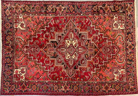 PERSIAN HERIZ AREA CARPET: LARGE PERSIAN RUG IN RED, WHITE AND EARTH TONES. BLACK BORDER. CLEAN. 9'9"X6'10"/
