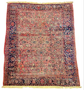 VINTAGE PERSIAN SAROUK AREA CARPET: LARGE PERSIAN SAROUK RUG IN FLORAL DESIGNS, RED FIELD WITH NAVY BORDER. SOME AREAS OF WEAR THROUGH, EDGE WEAR. 134"X105"