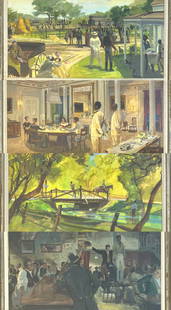 DAVID NEGRON - WARNER BROS. STUDIOS: SET OF FOUR MOTION PICTURE FILM SET DESIGNS FOR THE 1971 WARNER BROS. WESTERN: THE SKIN GAME. GOUACH ON BOARD. WARNER BROS. LABELS ON VERSO. A POSTER FOR THE FILM IS INCLUDED IN THE LOT. ALL FRAMED, L