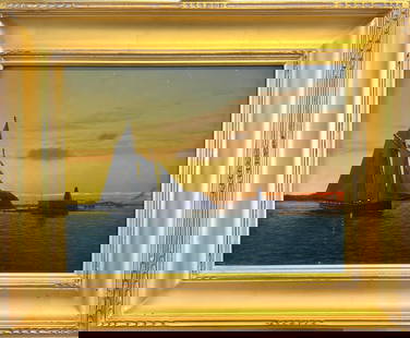 JOSEPH MCGURL - SUNSET SAIL PAINTING: JOSEPH MCGURL (MASSACHUSETTS, B.1958) OIL ON BOARD PAINTING OF A SAILBOAT AT SUNSET. A BEAUTIFUL SCENE OF A SAILING VESSEL AT TWILIGHT ON CALM WATERS. SIGNED LOWER RIGHT. GILT FRAMED. HAVING A FEW VER