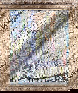 LOU MILLER TILE MOSAIC WORK: LOU V. MILLER (PORT RICHEY, FLORIDA, 20TH C.) CERAMIC OR PORCELAIN TILE MOSAIC ART PIECE. INDIVIDUAL TILE PIECES MOUNTED ON BOARD AND FRAMED. 30"X37". REQUIRES THIRD PARTY SHIPPING/TRANSPORTATION.