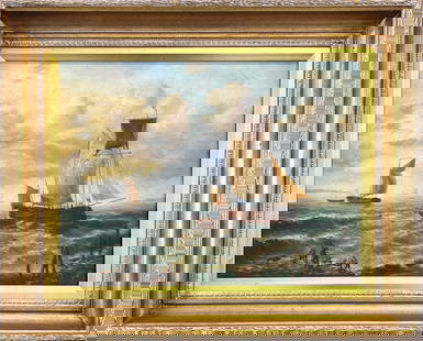 19TH C. NAUTICAL SEASCAPE PAINTING: 19TH CENTURY CONTINENTAL SCHOOL, OIL ON CANVAS PAINTING DEPICTING SHIPS WITH FIGURES ON THE SHORE. SIGNED LOWER LEFT, ILLEGIBLE. GILT FRAMED, COULD USE A CLEANING. 26"X32". REQUIRES THIRD PARTY SHIPPI