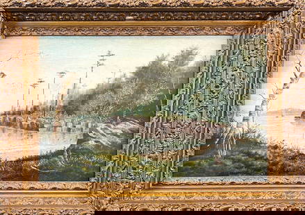 GEORGE BENSELL PENNSYLVANIA LANDSCAPE PAINTING: GEORGE BENSELL (AMERICAN, 1837-1879) PENNSYLVANIA LAKESIDE LANDSCAPE PAINTING. OIL ON BOARD, SIGNED LOWER RIGHT. GILT GESSO FRAMED. 17"X23". REQUIRES THIRD PARTY SHIPPING/TRANSPORTATION.