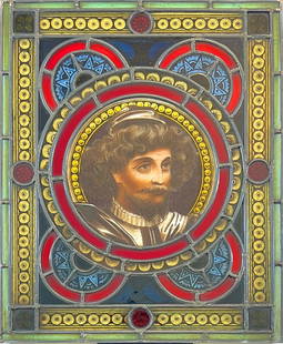 19TH C. GOTHIC REVIVAL STAINED GLASS ART PANEL: A BEAUTIFUL, MULTI-COLORED LEADED STAINED GLASS ART PANEL WITH CENTRAL PORTRAIT OF A MAN IN ARMOUR. SCATTERED CRACKS TO PERIMETER PANELS, ELSE GOOD. 18"X21". REQUIRES THIRD PARTY SHIPPING/TRANSPORTATI